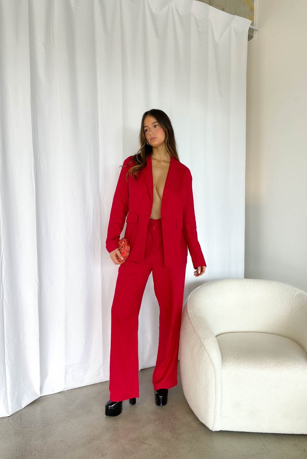 Red linen oversized blazer