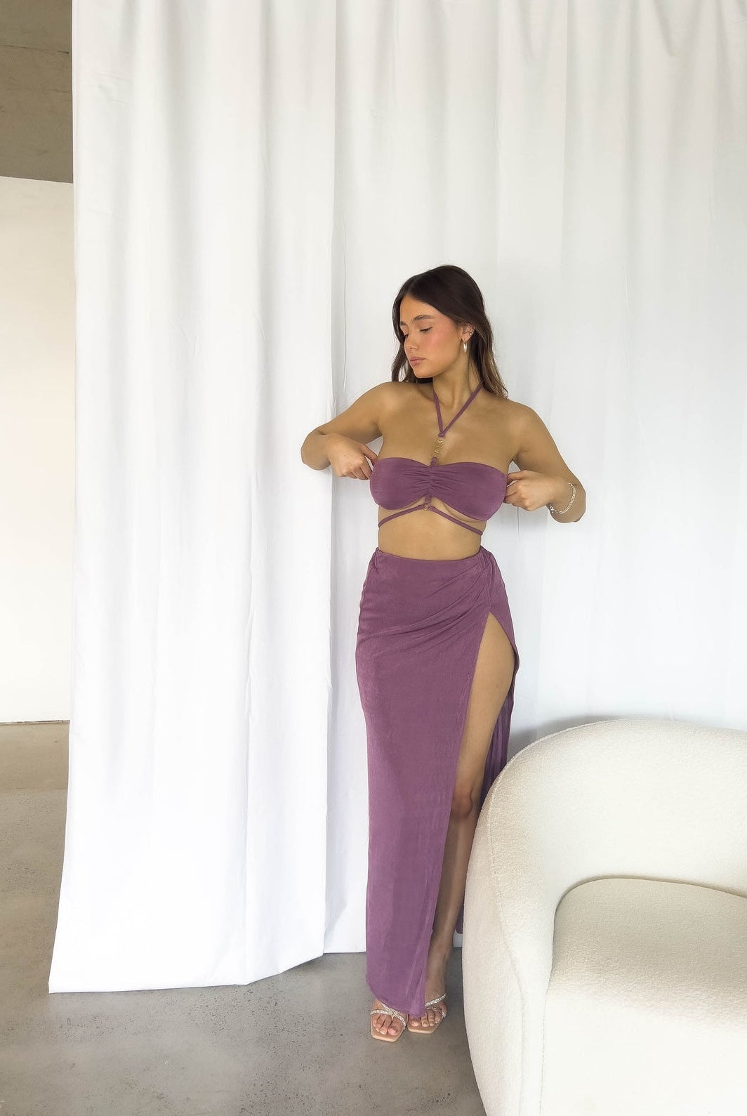 purple maxi high split skirt