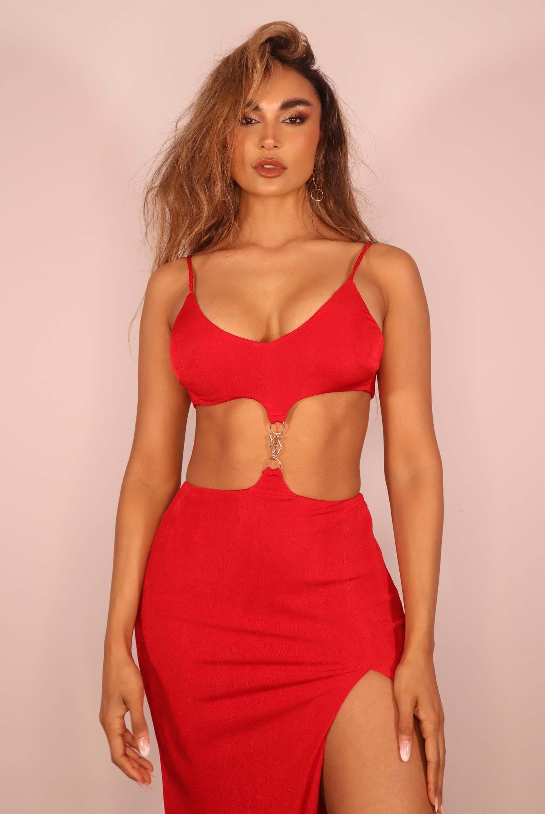 Red split maxi dress