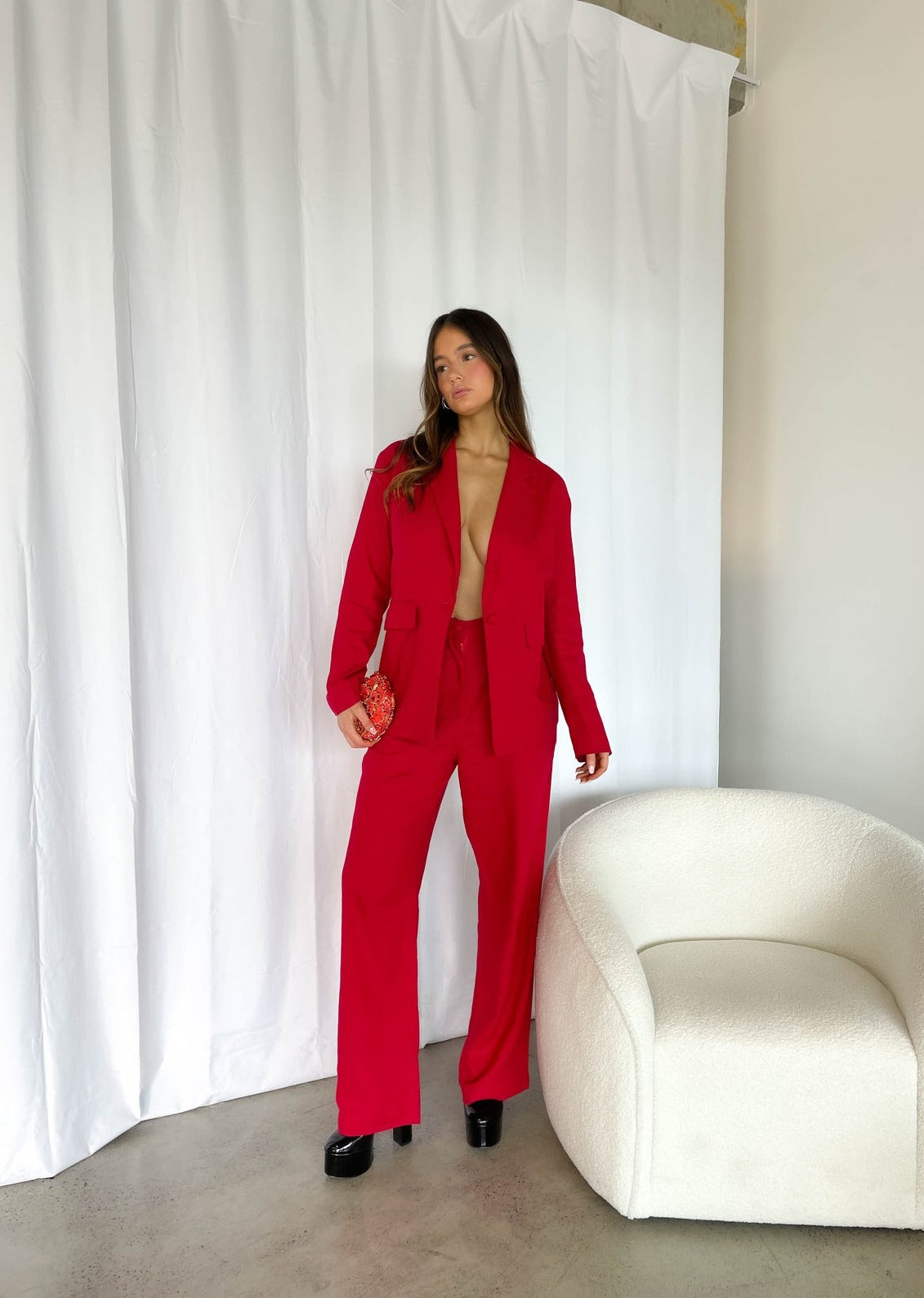 Red linen oversized blazer 