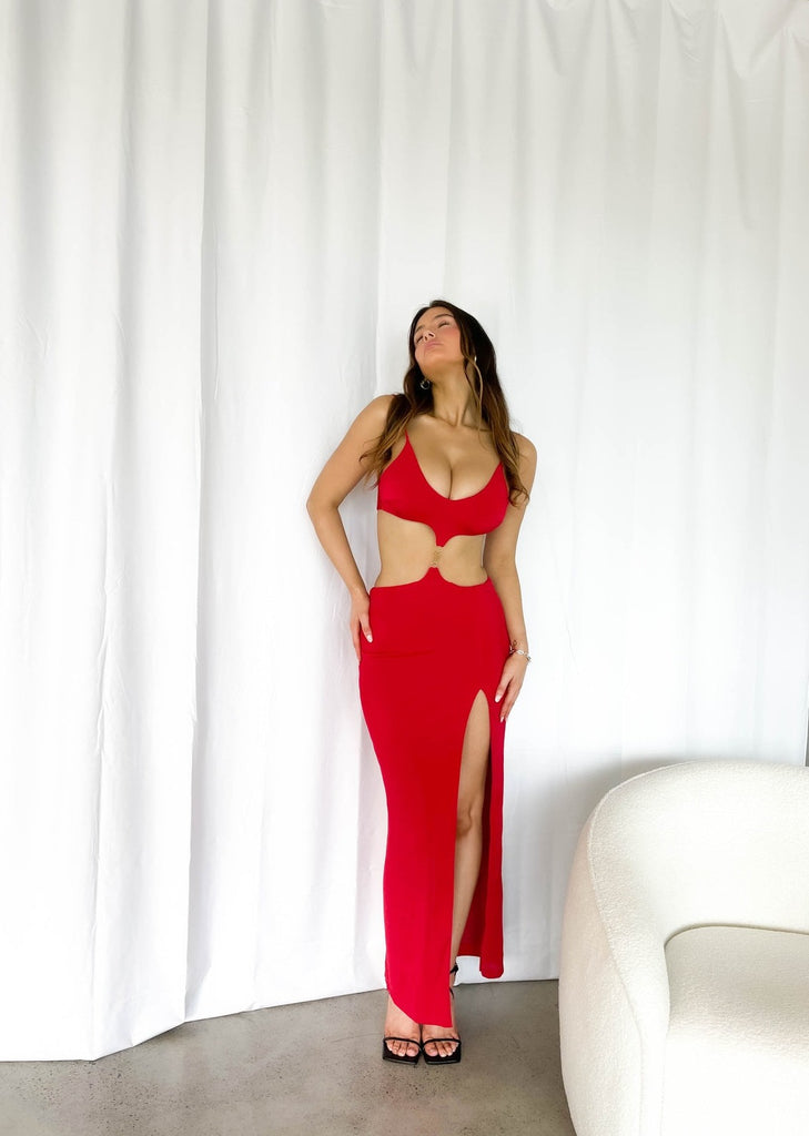 Red split maxi dress 