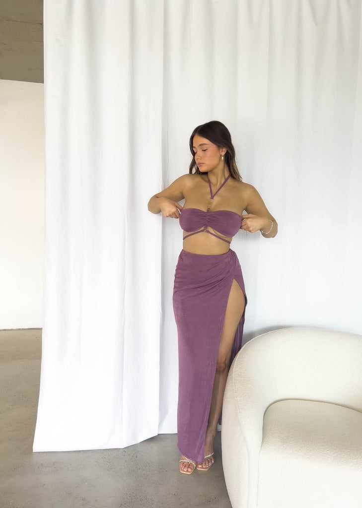 purple maxi high split skirt 