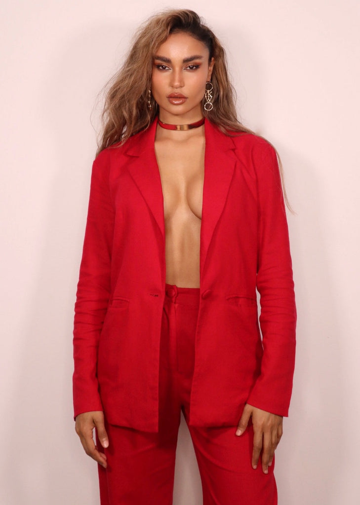 Red linen oversized blazer 
